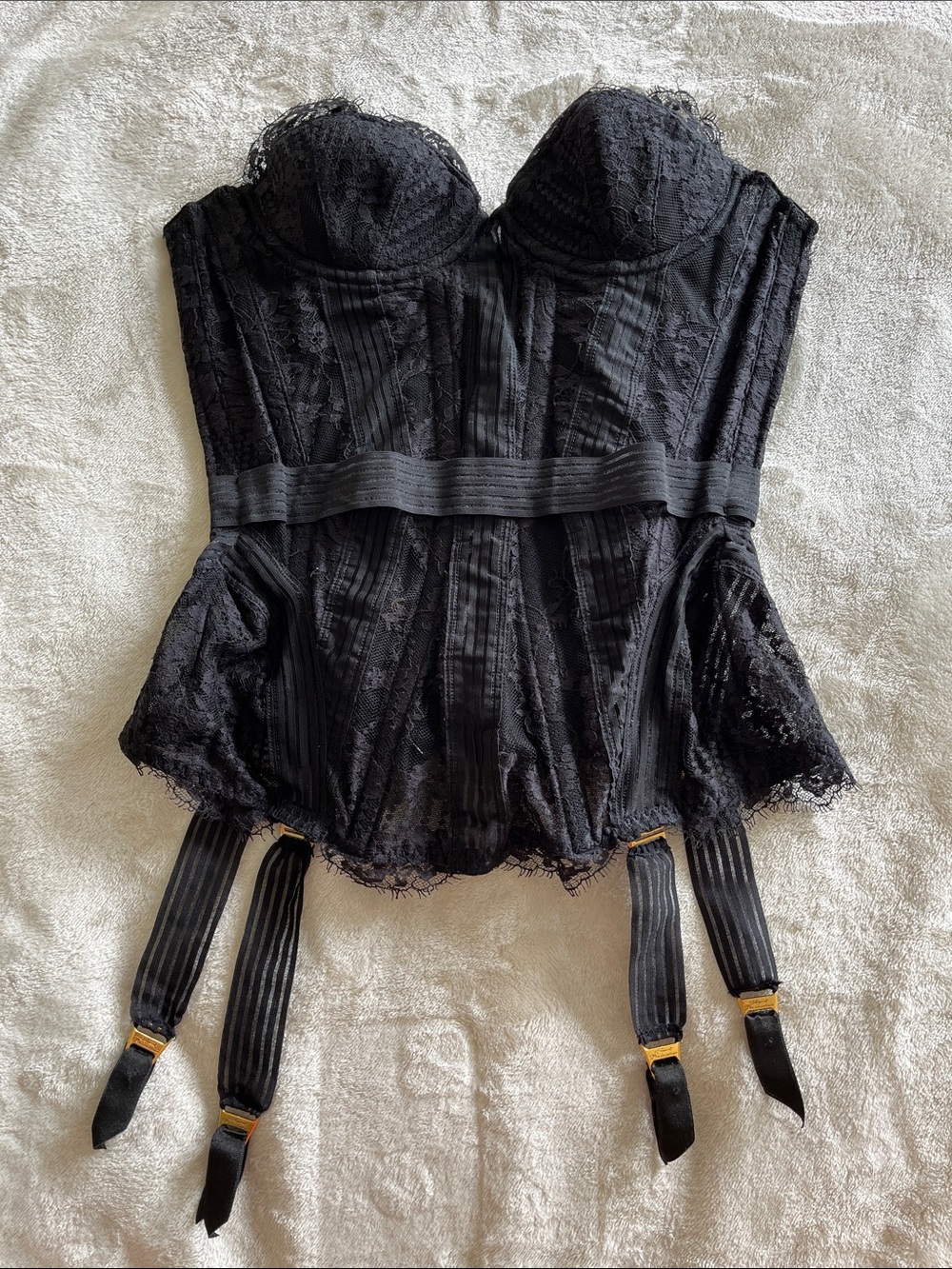 Agent Provocateur Silk Lace-Up Corset Basque Size US 4 Black Complete Garter Set